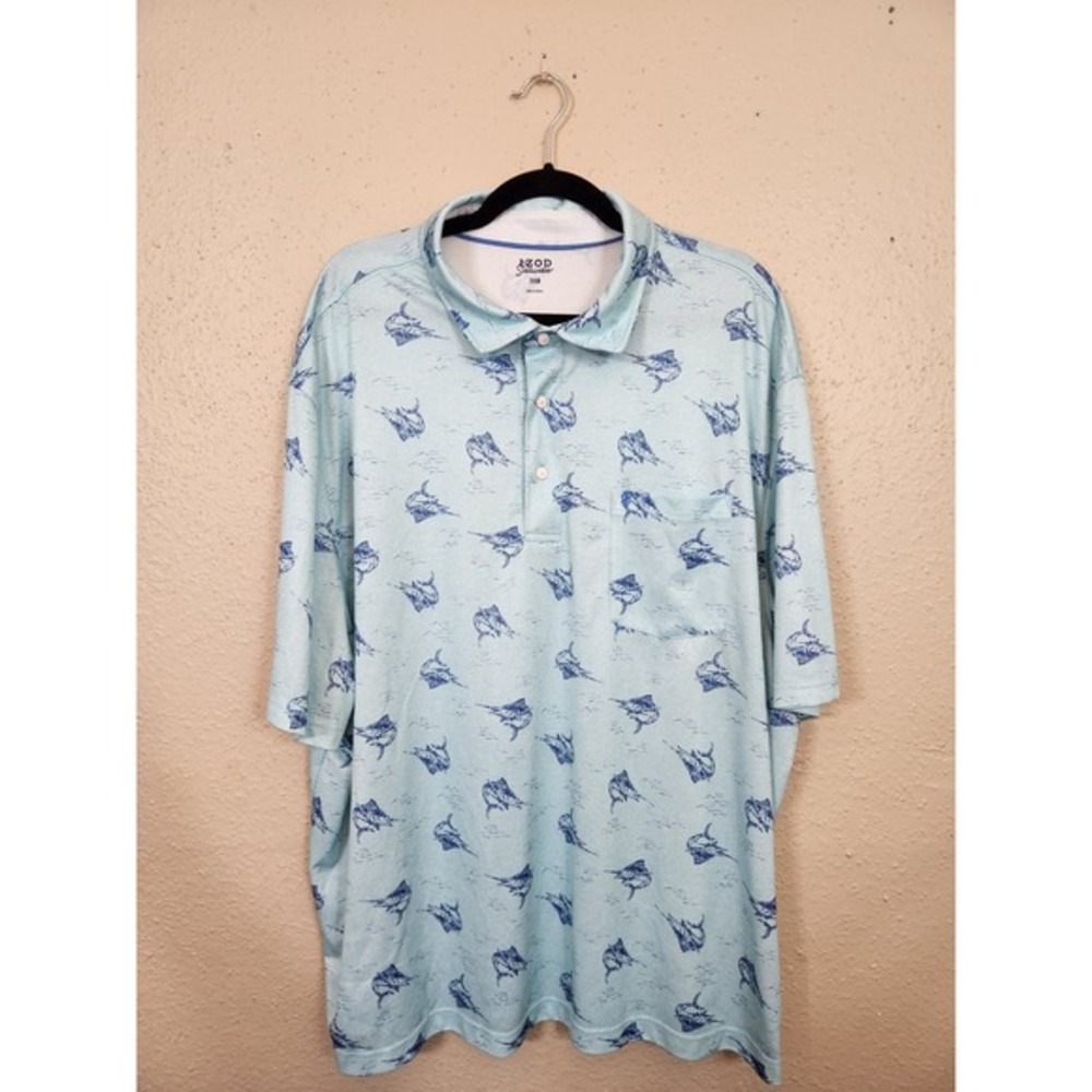 IZOD Saltwater Fishing Print Polo Shirt Moisture Wicking Blue 3XB